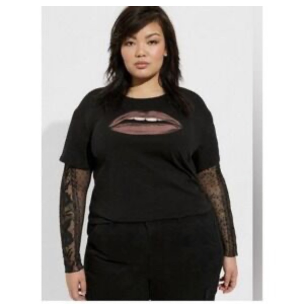 Torrid Lips Two For Black Lace Long Sleeves Cotton Tee Size 0X